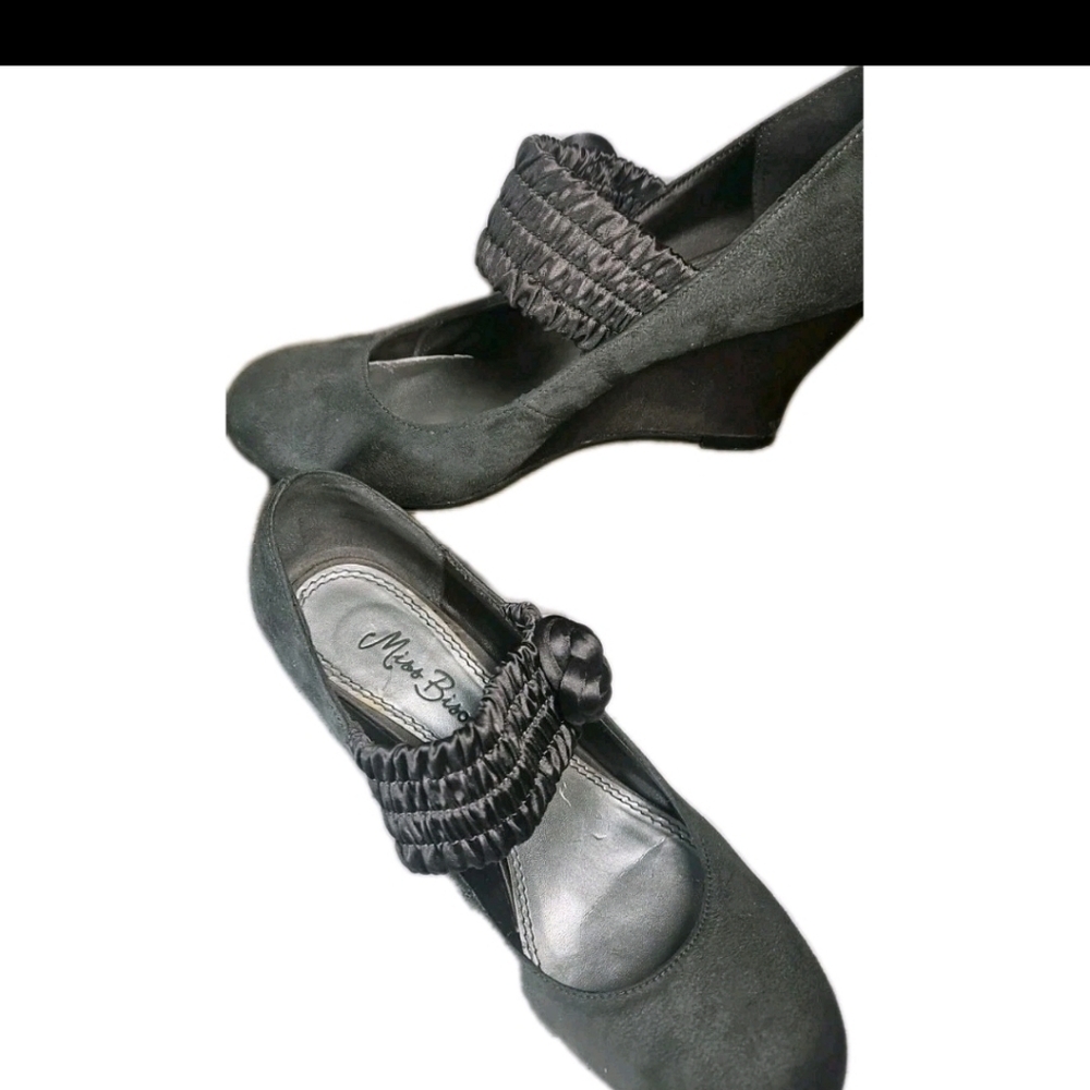 Mary Jane Y2K🔥 Miss Bisou Suede Round Toe Gray Wedges Sz 6.5 VTG Retro Boho[1C